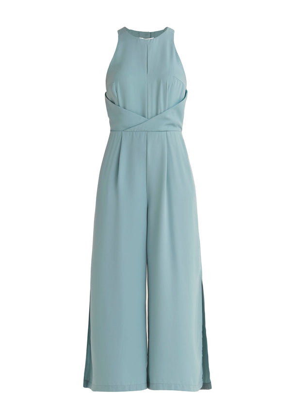 Paisie Detailed Waist Halterneck Jumpsuit in Teal Cut Out